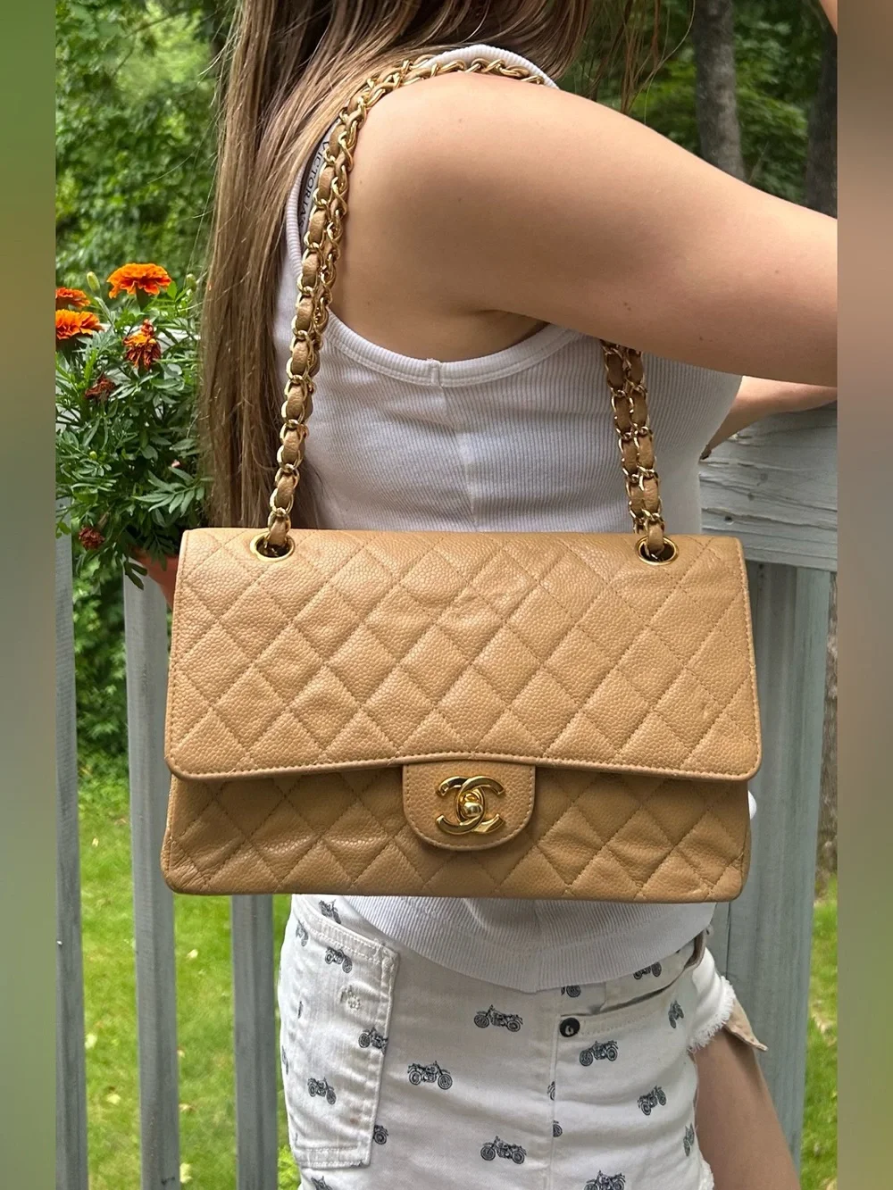 CHANEL Medium Classic Double Flap Caviar Quilted Handbag Beige/24k Gold